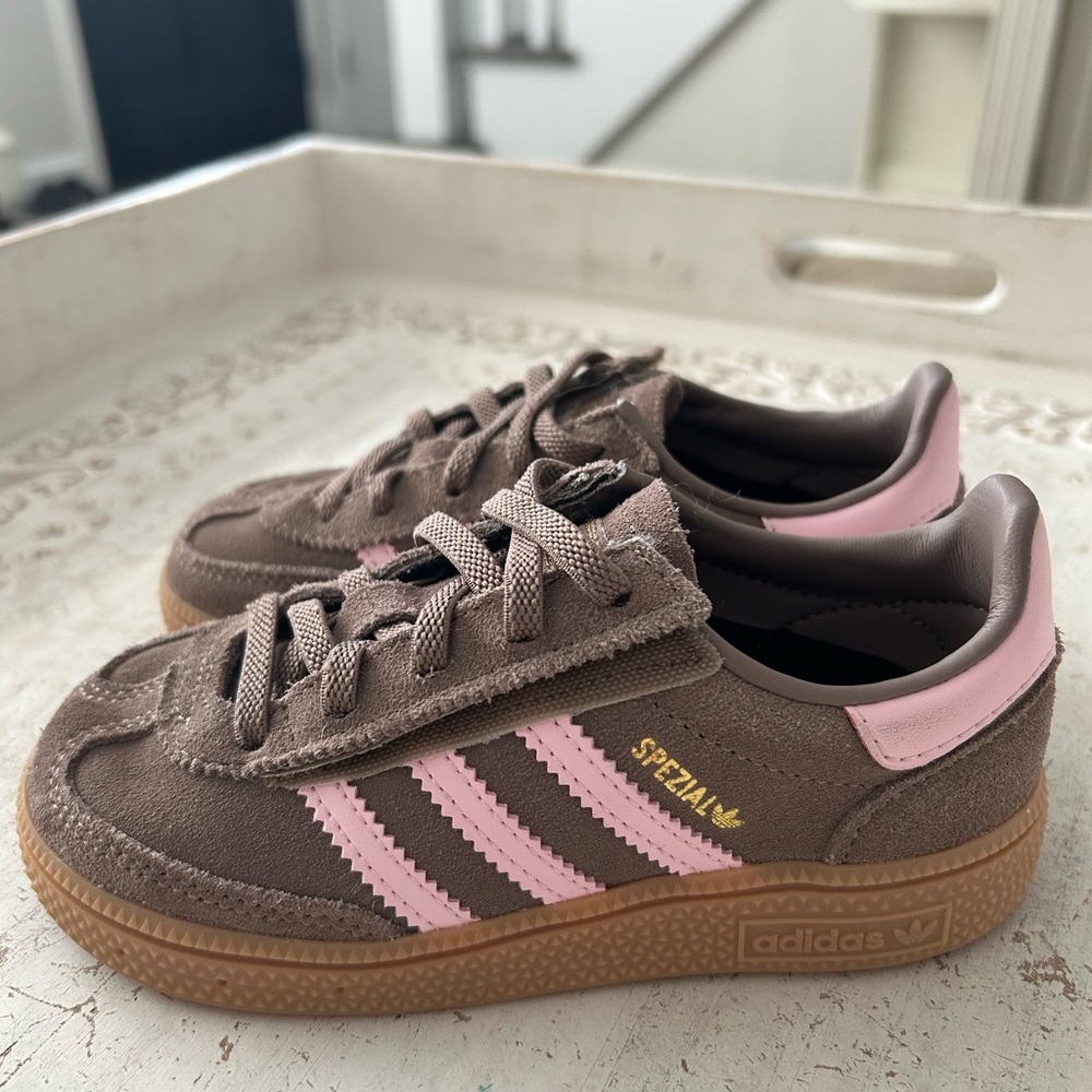Adidas Brown Sneakers with Pink Stripes